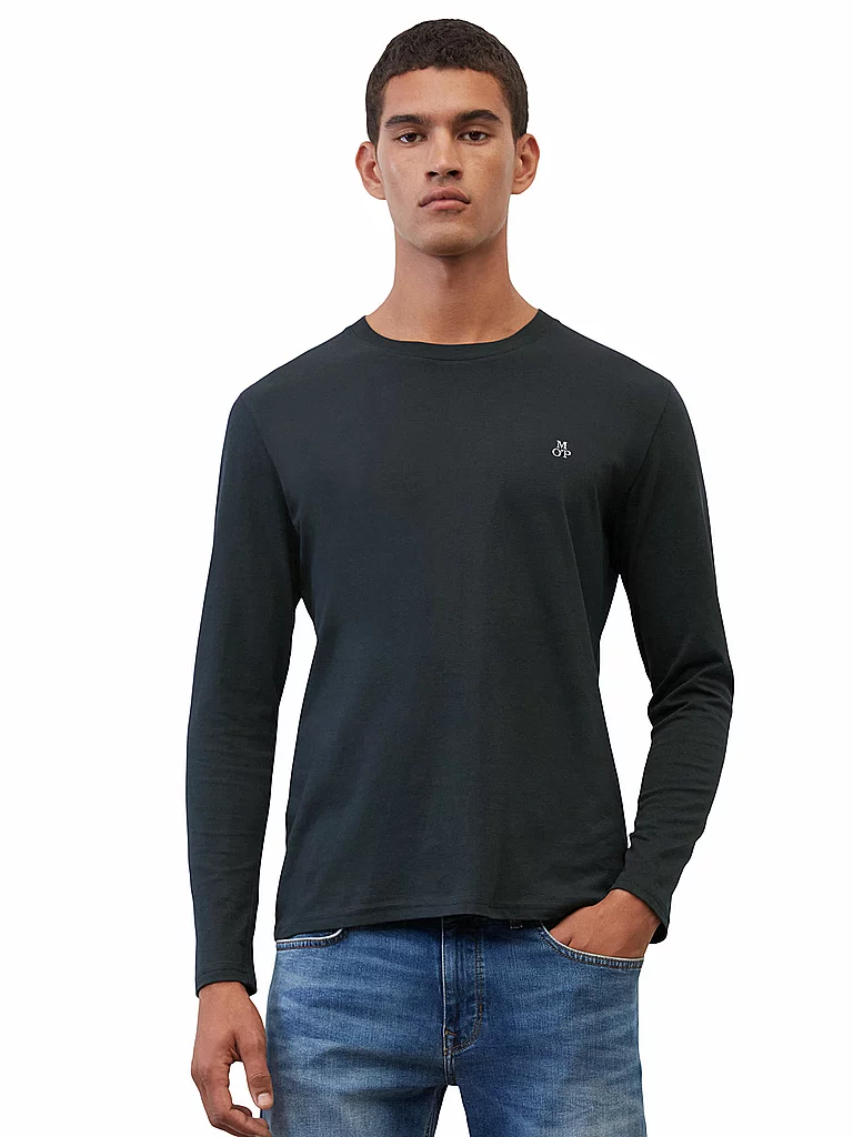 Langarmshirt MARC O'POLO, Herren, Gr. M, blau (schwarz night), Jersey, Obermaterial: 100% Baumwolle, Rundhals, Shirts Langarmshirt, mit dezentem Logo-Print vorne 2